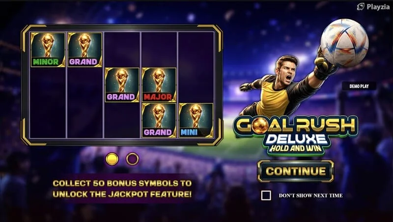 Goal Rush Deluxe - menu principal avec les rouleaux et les tribunes du stade